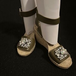J. Crew Olive Wedge Sandals with Crystal Embellishments